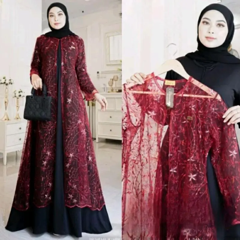 outer cardigan gamis brukat tule lengan panjang kekinian