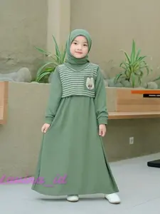 gamis anak perempuan bahan knit waffel dengan rompi usia 1 sampai 12 tahun Lebaran Cewek Muslim