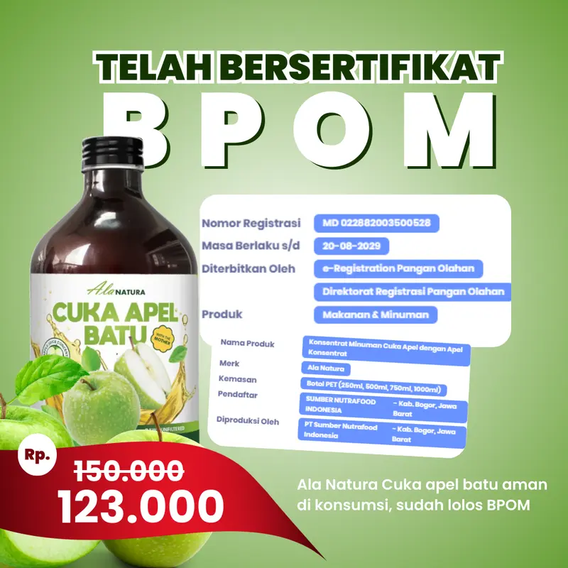 3 Botol Cuka Apel Batu Hijau/ Apple Vinegar With Mother Ala Natura 500ml 4