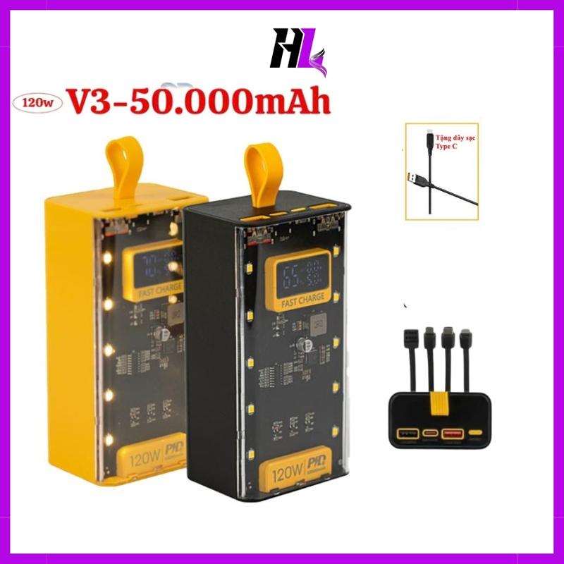 Sạc dự phòng 50000MAH Tích hợp 4 dây sạc Công suất nhanh PD 22,5w dung lượng pin lớn có sẵn dây cho nhiều thiết bị điện thȯại HL Sạc Pin sạc dự sac pind lớp dự sạc dự Titan pin sạc dự phòng phiên bản nâng cấp