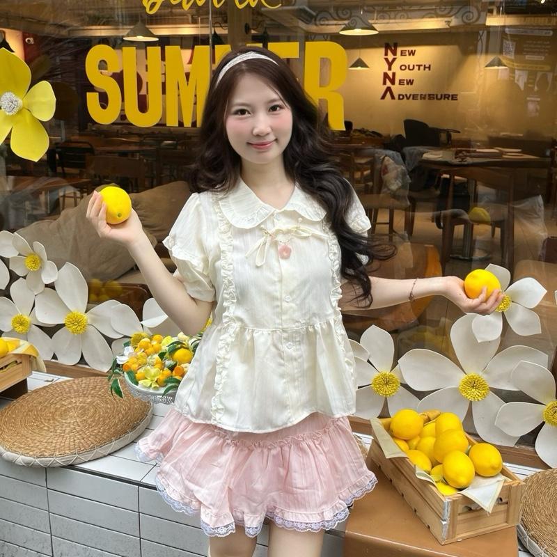   MỚI   Set Áo CT6 sơ mi babydoll phối bèo form rộng hot trend chất liệu đũi gân  Một Cỡ - NCN 