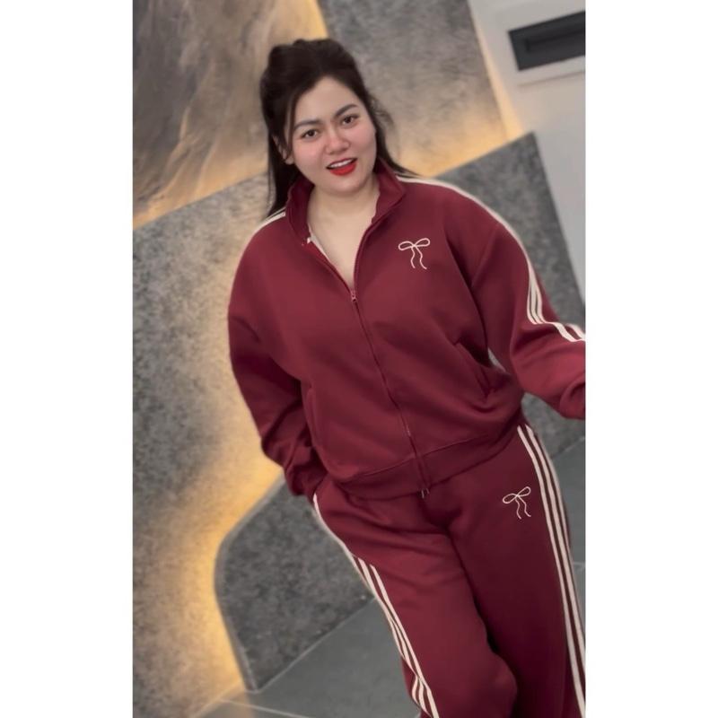  498 BIGGSIZE Set bộ nỉ nữ áo khoác nỉ phối viền thêu nơ kèm quần suông chạy sọc 