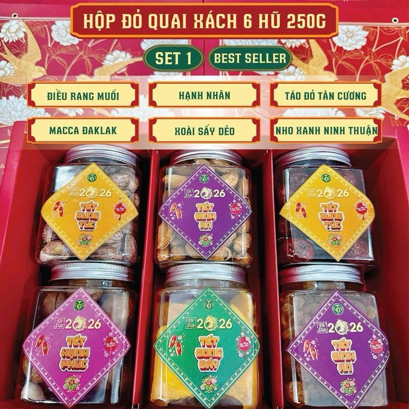  Set Quà Tết 2026 Hạt dinh dưỡng & Ô mai   6 Hộp 250G   kèm hộp và túi xách 