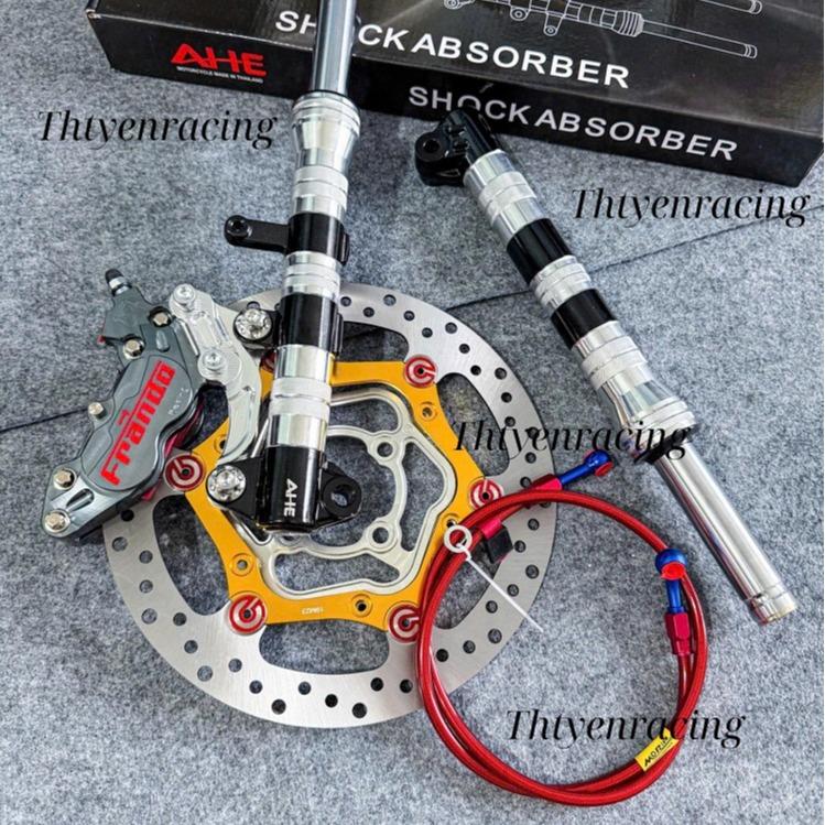 Combo Sirius 5 món gồm Phuộc phay Sirius hạ 5cm + heo Frando 4pis Xám + Pát Cnc + Đĩa gắn mâm 4 lỗ + Dây dầu morin