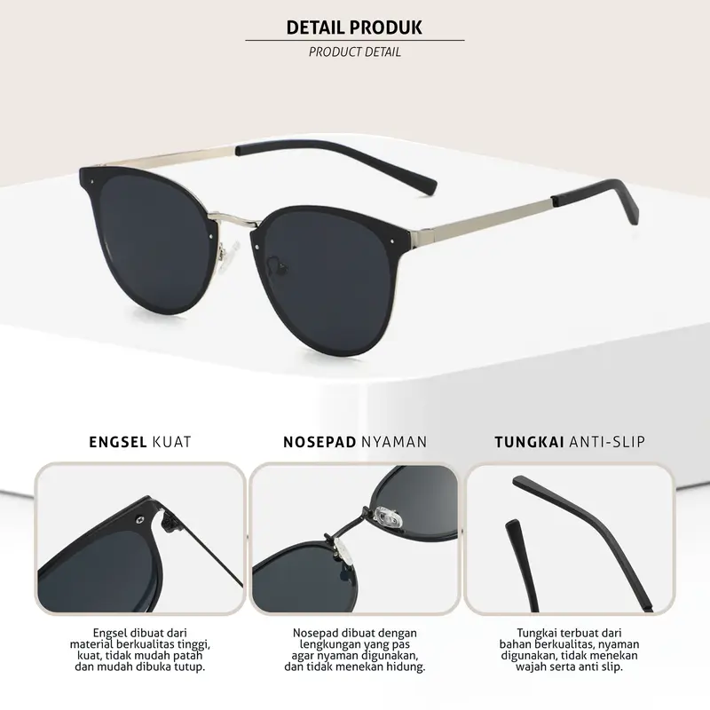Kacamata Hitam Sunglasses Fashion Korean Style Pria Wanita Lensa UV400 Polarized Bentuk Oval Bahan TR-90 & Metal Colore.In Eyewear 813 3