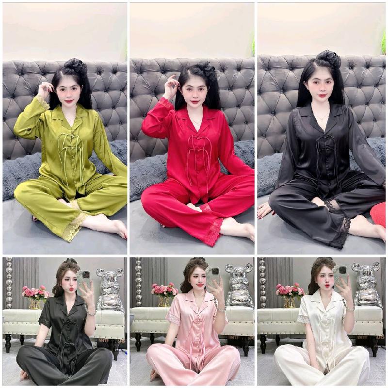 40-60kg 60-75kg Bộ Ngủ Mặt Nhà Pijama Chất Lụa Mịn Latin Tơ Tằm Vải Mềm Mịn Mát; Nút Thắt; màu đơn giản dobotay daiquandai nữ