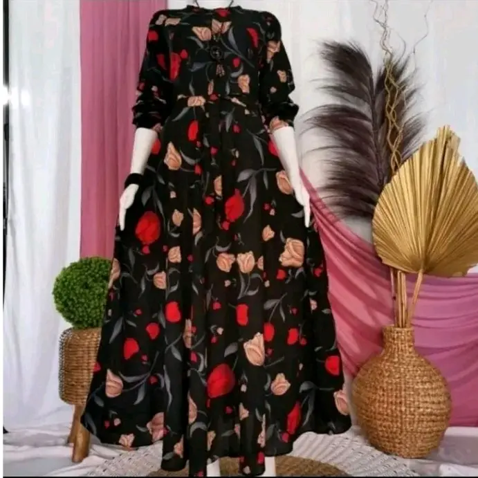 Gamis katun motif bunga tulip cantik Muslim wanita-model tangan rempel Dress