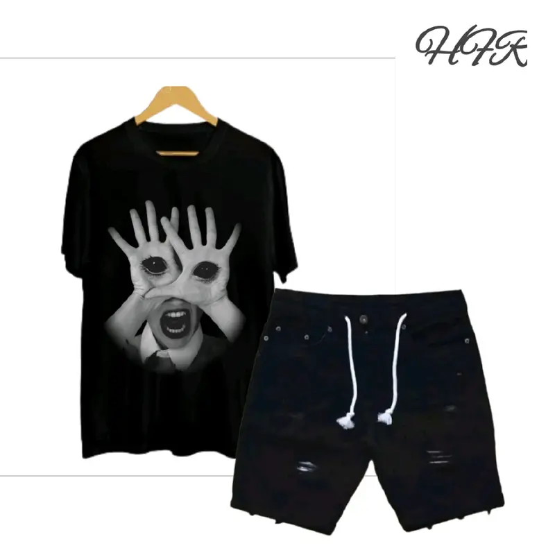 Setelan kaos distro motif mata dan celana jeans sobek pendek dewasa 1