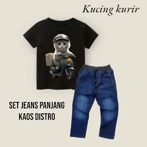 setelan celana jeans panjang kaos distro cowok usia 1-8 tahun katun adem Fashion Baju Anak Parsel