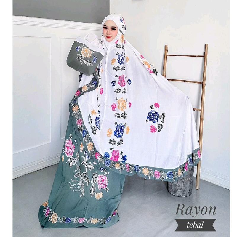 Mukena Dewasa Jumbo Batik Cap Atasan Bawahan Muslim Rayon Halus Adem 2in1 7