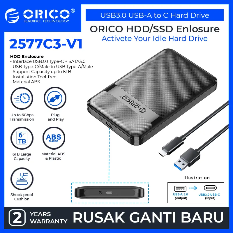 ORICO 2.5 inch USB3.0 USB-A TO C Hard Drive Enclosure - 2577C3 - 2577C3-V1