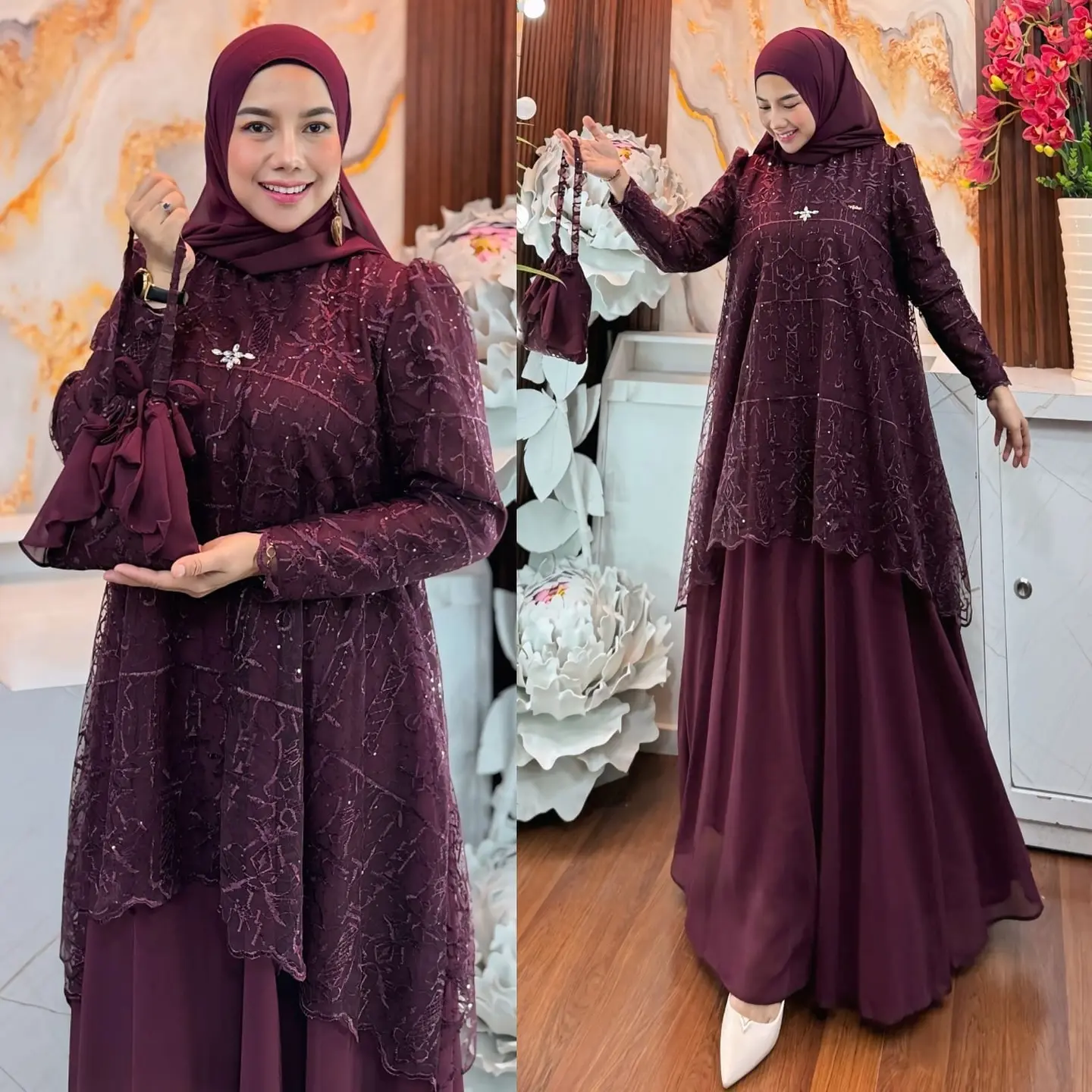 NEW Gamis Damira Warna Burgudy Viral Special Lebaran 2025 Dress Mewah Ceruty Kombinasi Brukat Cantik