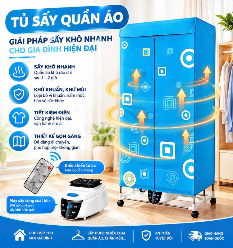 Tủ Sấy Quần Áo Có Điều Khiển Tù Xa Khung INOX Chắc Chắn, An Toàn Chạy Êm Không Gây Ồn