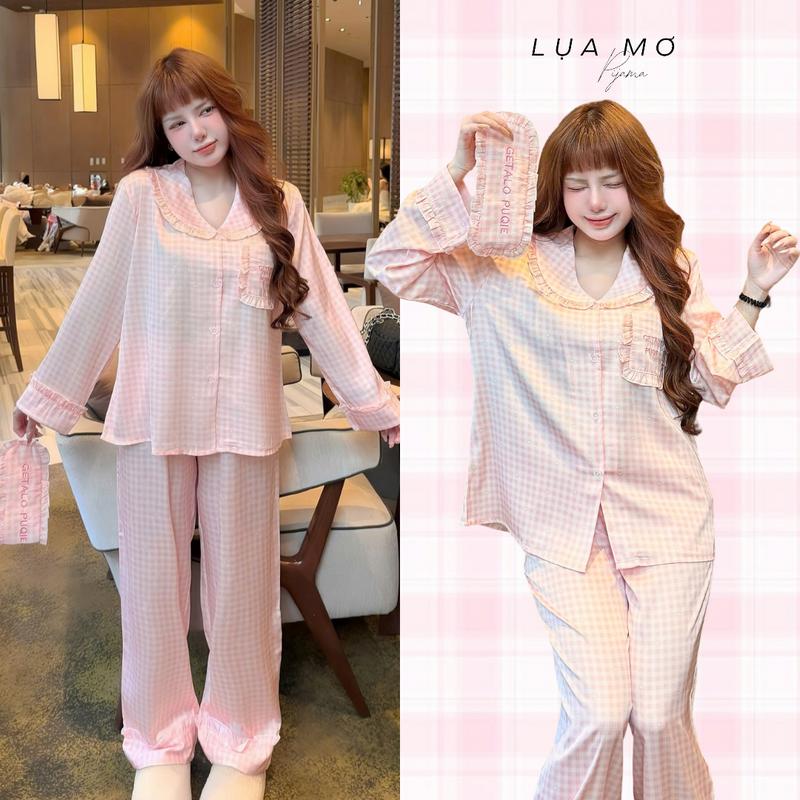 Set Pijama Tiểu Thư Họa Tiết Thêu Kèm Bịt Mắt Vải Lụa Latin Cao Cấp - Đồ bộ Lụa Mơ LM165