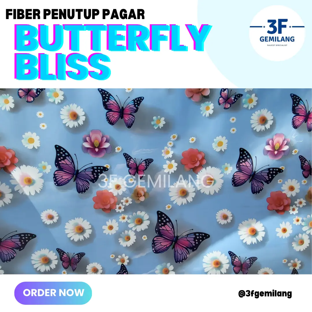 New! 3FGMG - MASTER - Fiber Plastik Penutup Pagar Rumah Motif BUTTERFLY BLISS BLUE Kupu-kupu Kebahagiaan Meteran