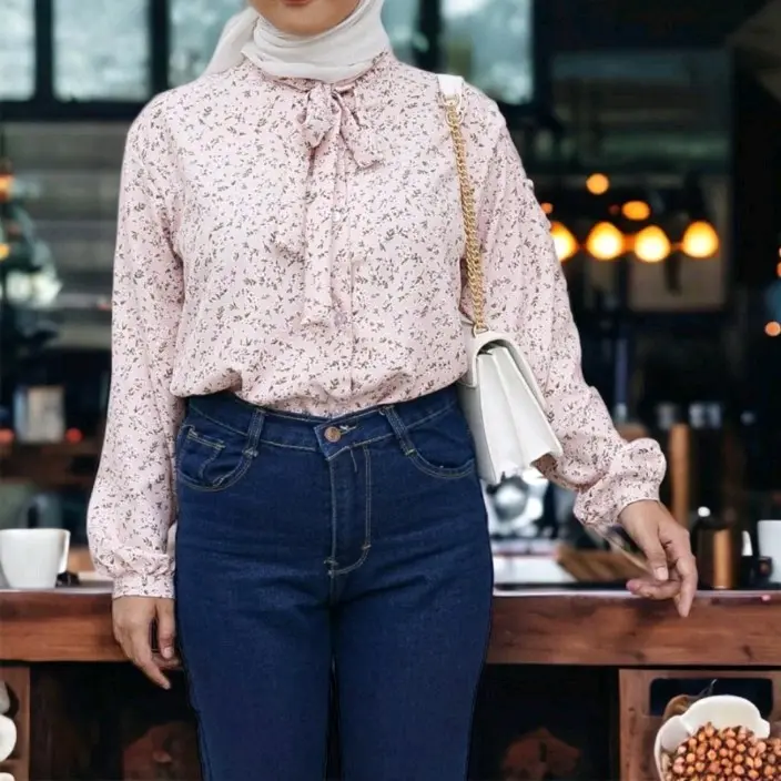 YOONHEE KEMEJA WANITA LEHER TALI WARNA DUSTY PINK LUCU WARNA KALEM Baju Panjang Shakila Atasan 3