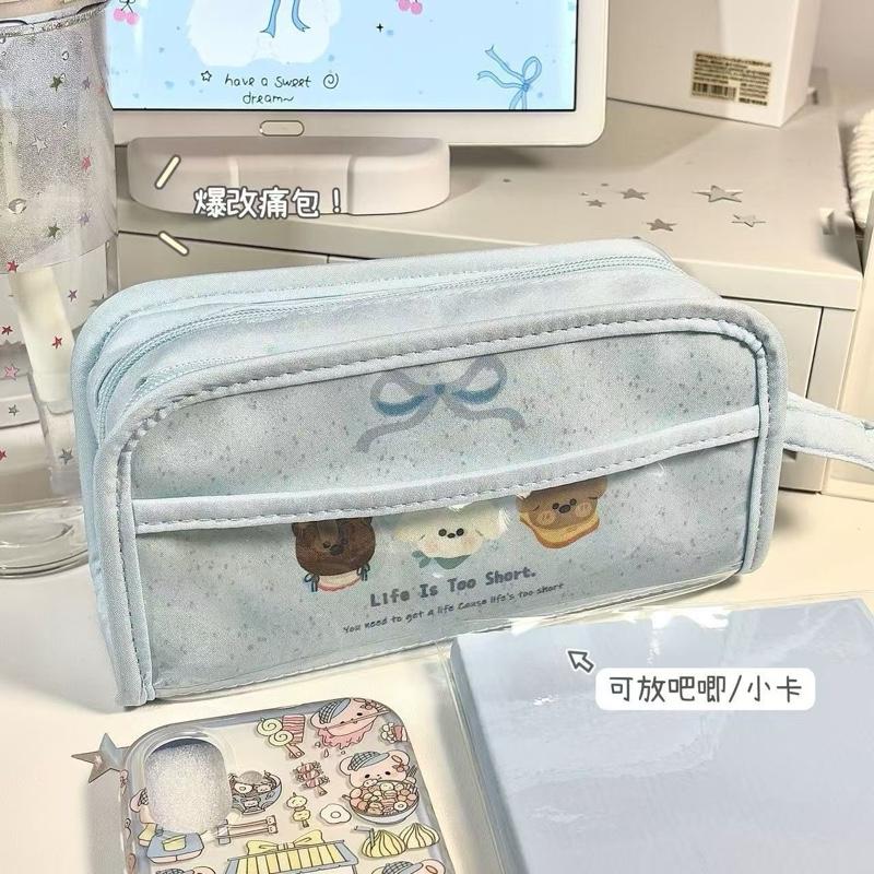 Túi đựng bút vải Họa tiết 3 gấu xanh HANACORN - Hộp bút vải đựng bút dung tích lớn làm quà tặng