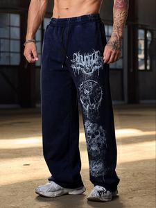 Pantalones deportivos estilo gótico para hombre 'YoungLA', color azul oscuro, cordón ajustable, pierna ancha, estampados de calaveras, rosas y arte tipográfico, ideales para entusiastas del fitness y cultura urbana.