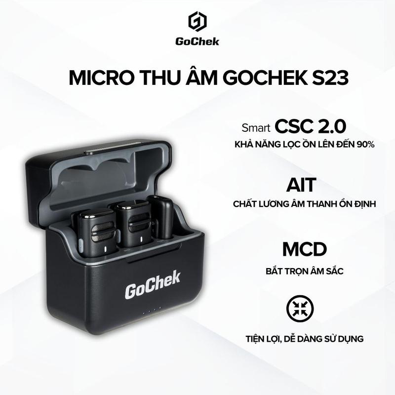 Micro thu âm không dây GoChek S23 CÓ DOCK SẠC | Khử tiếng ồn phù hợp live/ quay video/ ghi âm cho điện thoại/máy tính GC-C/D GoChek S23