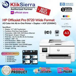 HP OfficeJet Pro 9720 OJ9720 53N94C & 9730 OJ9730 537P5C Wide Format All-in-One Printer A3 Duplex Wireless WiFi LAN Network - Pengganti OJ7720 OJ7730 - Tinta ORIGINAL HP938 Black Cyan Magenta Yellow & Garansi Resmi