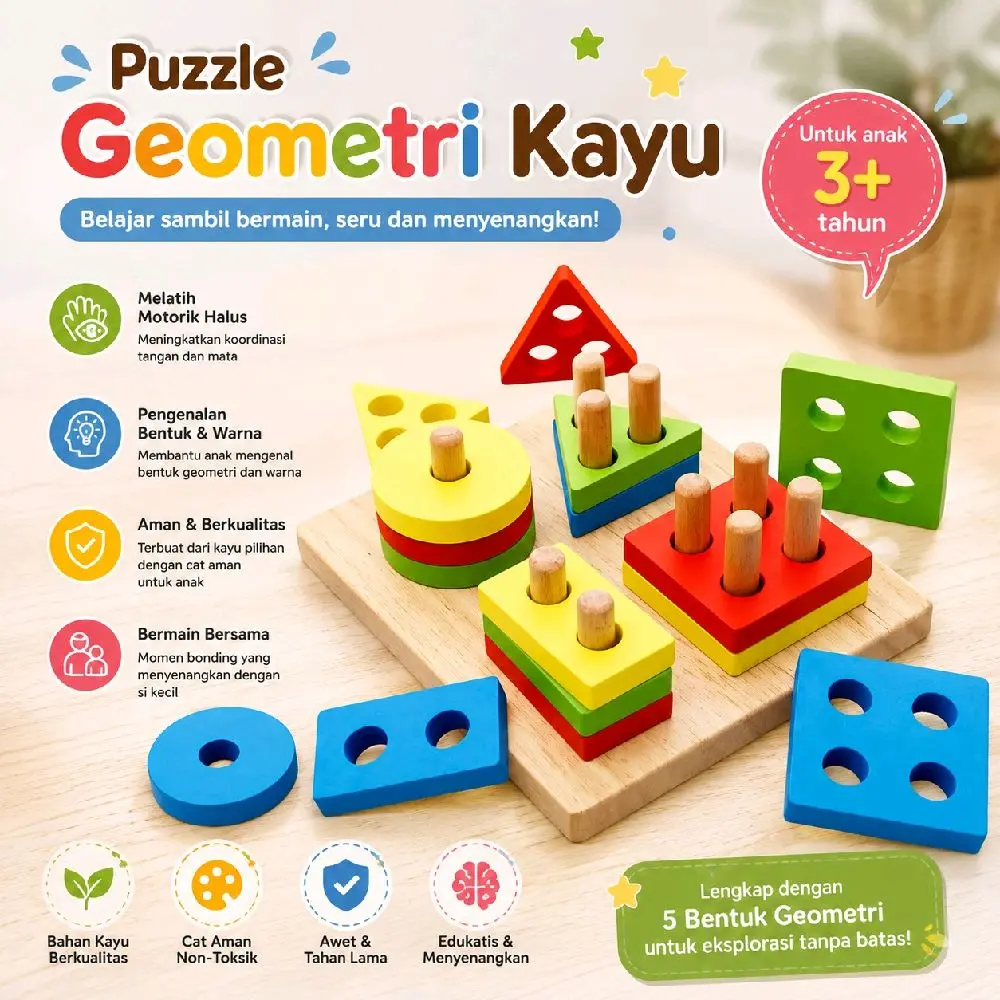 Mainan edukasi anak geometri bentuk puzzle bentuk