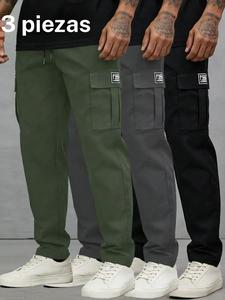 Conjunto de pantalones cargo casual para hombre, diseño de color sólido, cintura con cordón y detalles de bolsillos laterales, perfecto para el día a día