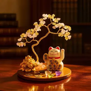 Ornamen Pohon Kristal Lucky Cat - Rahasia Fengshui  Terbaik Untuk Menarik Rejeki Cinta Kasih dan Keberuntungan dengan Batu Citrine dan RoseQuart Asli