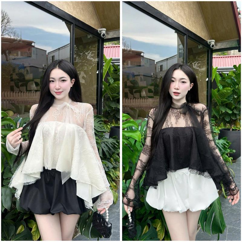 Sét Áo Ren Tiểu Thư Dài Tay Vạt Xoè  Kèm Chân Váy Dáng Bí Bồng Tiểu Thư