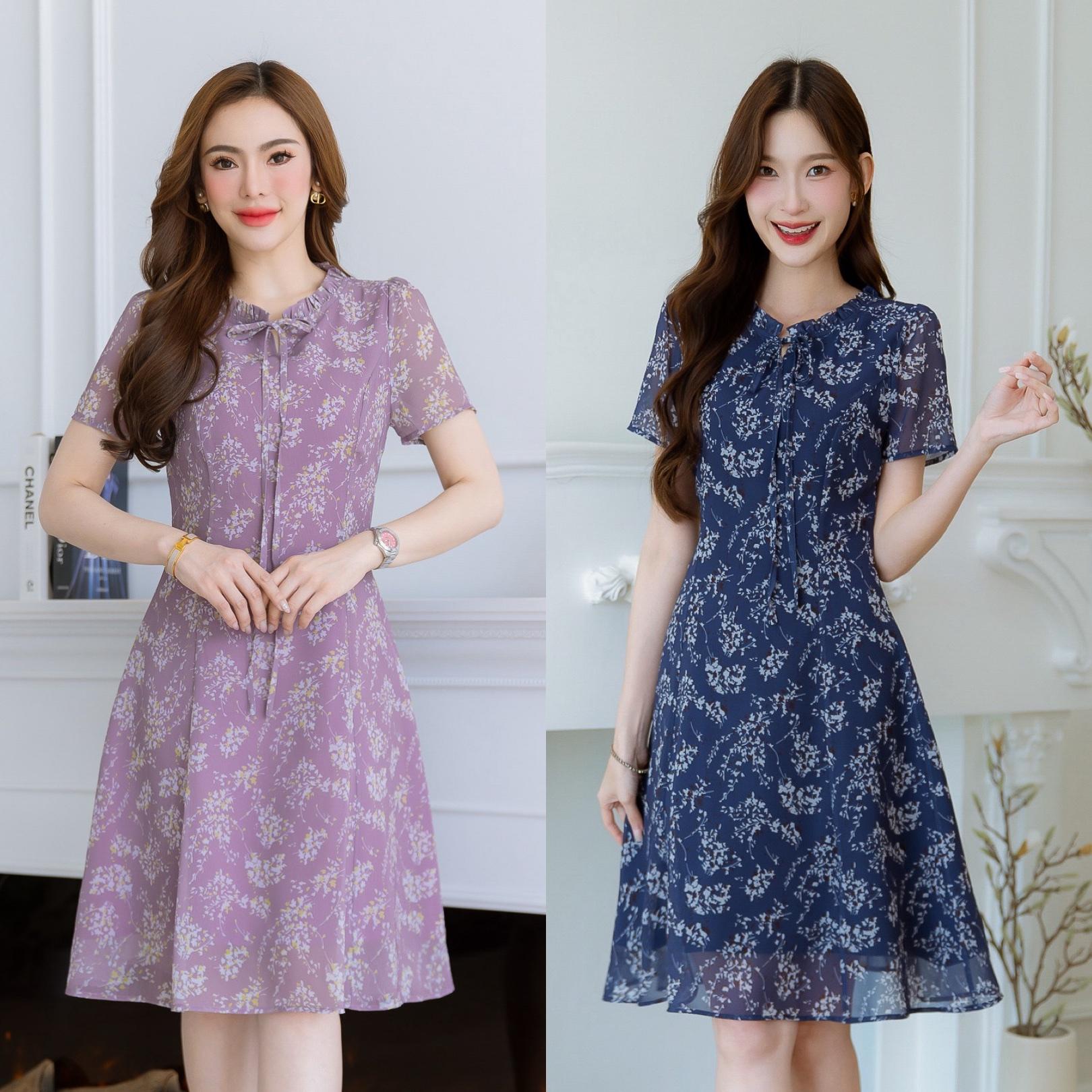 ALERT BRAND เดรสชีฟองทรงสวยเรียบ สวยคลาสสิค ลายผ้าสวย ดีเทลจับจับช่วงคอผูกโบว์ แพทเทิร์นตีเกล็ดระบาย