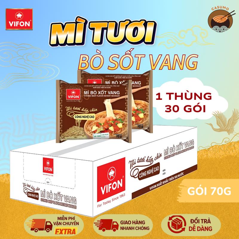 Thùng 30 gói mì tươi bò xốt vang 70g, sợi mì cùng nước sốt đậm đà, tiện lợi, dễ dùng - vifon