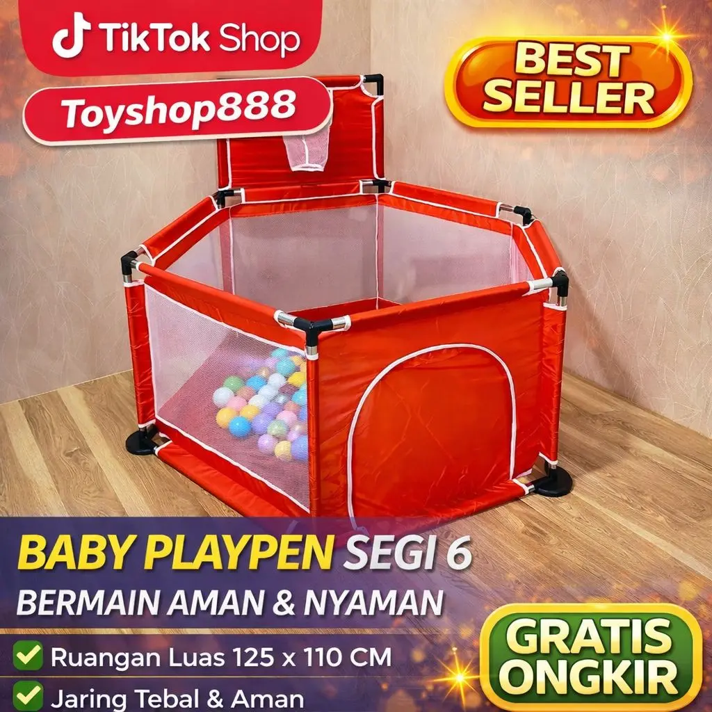 BP01 - Baby Playpen segi6 Playmat Tempat Bermain Anak Pagar Main Anak/Kolam Mandi Bola/Keranjang Basket Mandi Bola Mainan Tenda Bayi