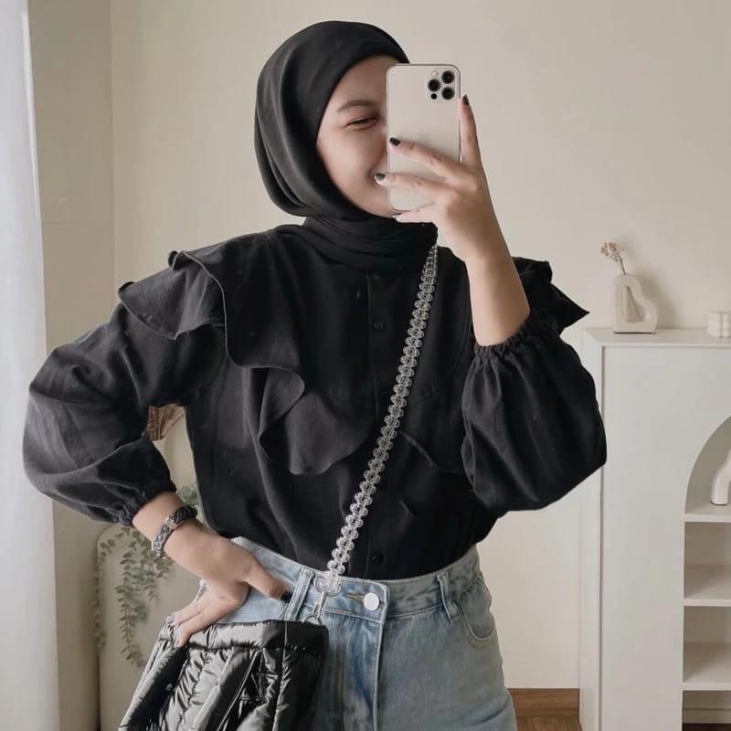 Rafella Blouse ruffle-kemeja Rafella Blouse polo linen atasan wanita terbaru lengan panjang karet Tangan Baju Kancing Variasi Kerah Casual Oversize Crinkle  Top