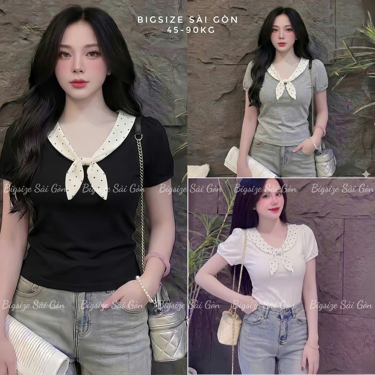 Bigsize Sài Gòn Áo Thun Nữ Cổ Tròn Phối Nơ Chấm Bi Vải Thun (Borit cotton) Cao Cấp Thanh Lịch Bigsize 45–90kg Dễ Thương Nữ Women Top Nhung - B.1797