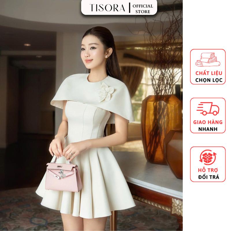 Tisora Sét đầm dự tiệc xòe xếp ly 2 dây kèm áo choàng đính hoa sang chảnh