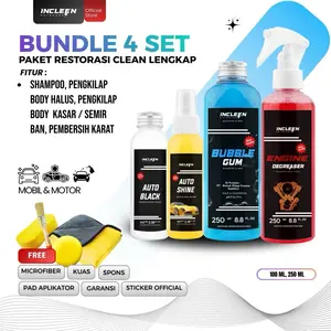 PAKET CUCI LENGKAP PENGKILAP PEMBERSIH PERAWATAN KENDARAAN 4 BOTOL by INCLEEN AUTO CARE Ban Mesin Microfiber