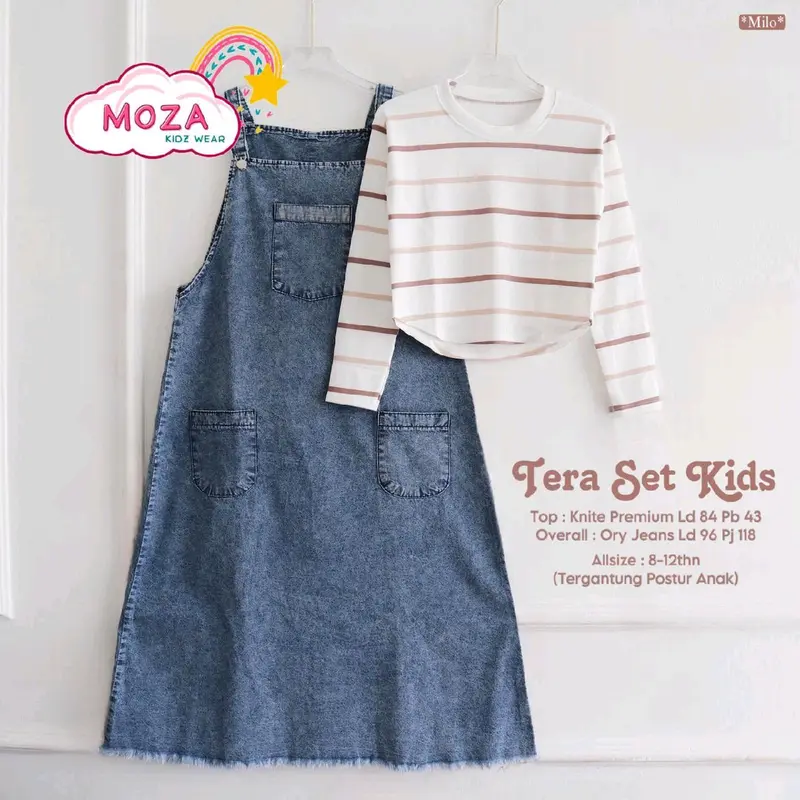 Tera set setelan inner rajut salur overall gamis jeans anak remaja 10-14 tahun 1