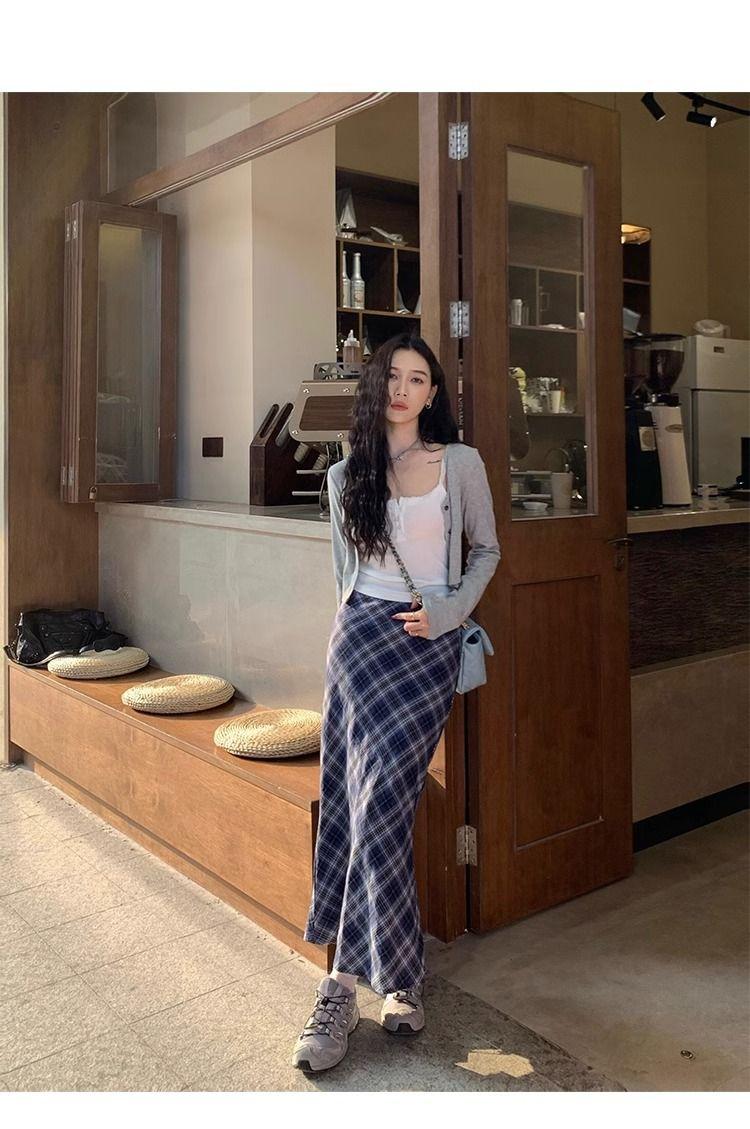 Product Introduction of Váy Hông Kiểm Tra Màu Tương Phản Retro Cho Nữ, Váy Dài Giảm Béo Eo Cao, Tự Làm, Mới Voan Chân Váy 7
