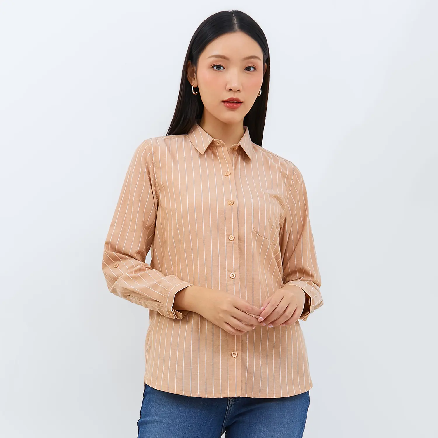 Geela Official - Aurelia Light Brown Stripe Shirt (G.11614) - Kemeja Wanita