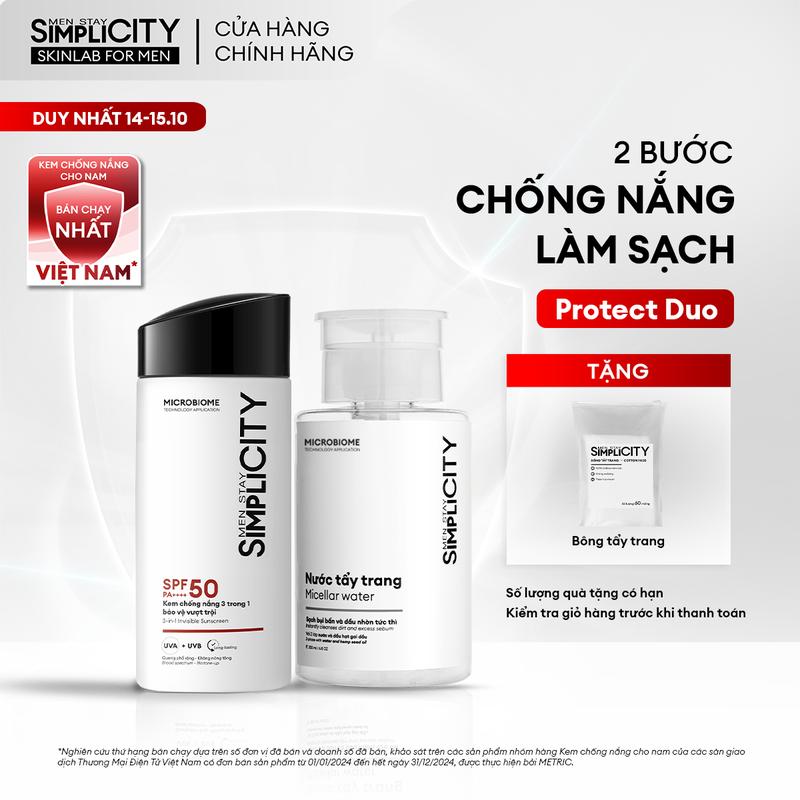 [MỚI] Bộ sản phẩm cho nam hỗ trợ làm sạch tức thì và chống nắng 80ml bảo vệ vượt trội Men Stay Simplicity Protect Duo (80ml) gồm: Nước tẩy trang 200ml, Kem chống nắng 80ml