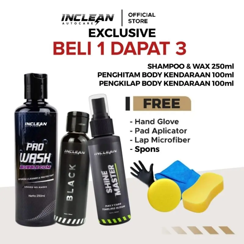 Terlaris No. 1 | Beli 1 Dapat 3 INCLEAN Pro Wash & Black & Shine Master Penghitam Body Kendaraan Permanen Pengkilap Body Kendaraan Permanen Shampoo Wax Cuci Kendaraan 0