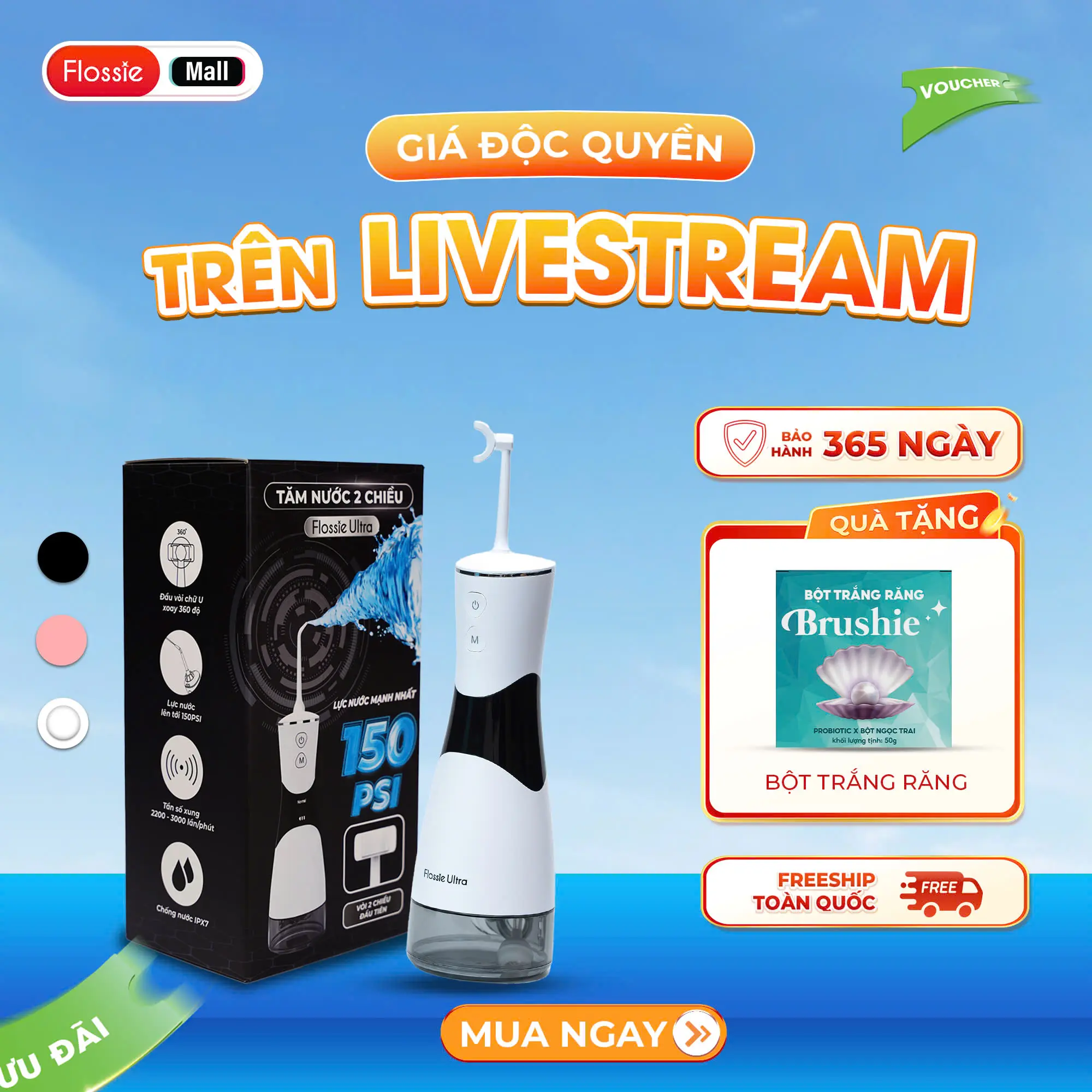 Tăm nước Flossie Ultra - Phiên bản LIMITED Mừng 30/4-1/5 - Máy Tăm Nước 2 Chiều - Tặng Bột Trắng Răng Ngọc Trai