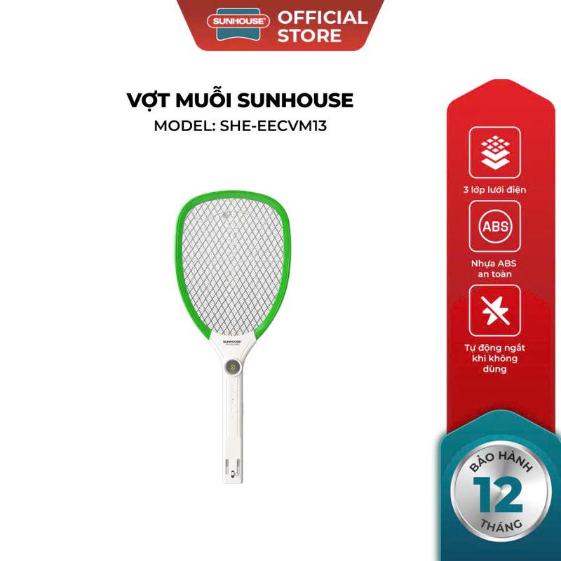   Mẫu mới nâng cấp pin  Vợt muỗi Sunhouse SHE-EECVM13 màu xanh - 3 lớp lưới điện - Tích hợp đèn chiếu sáng & báo sạc 