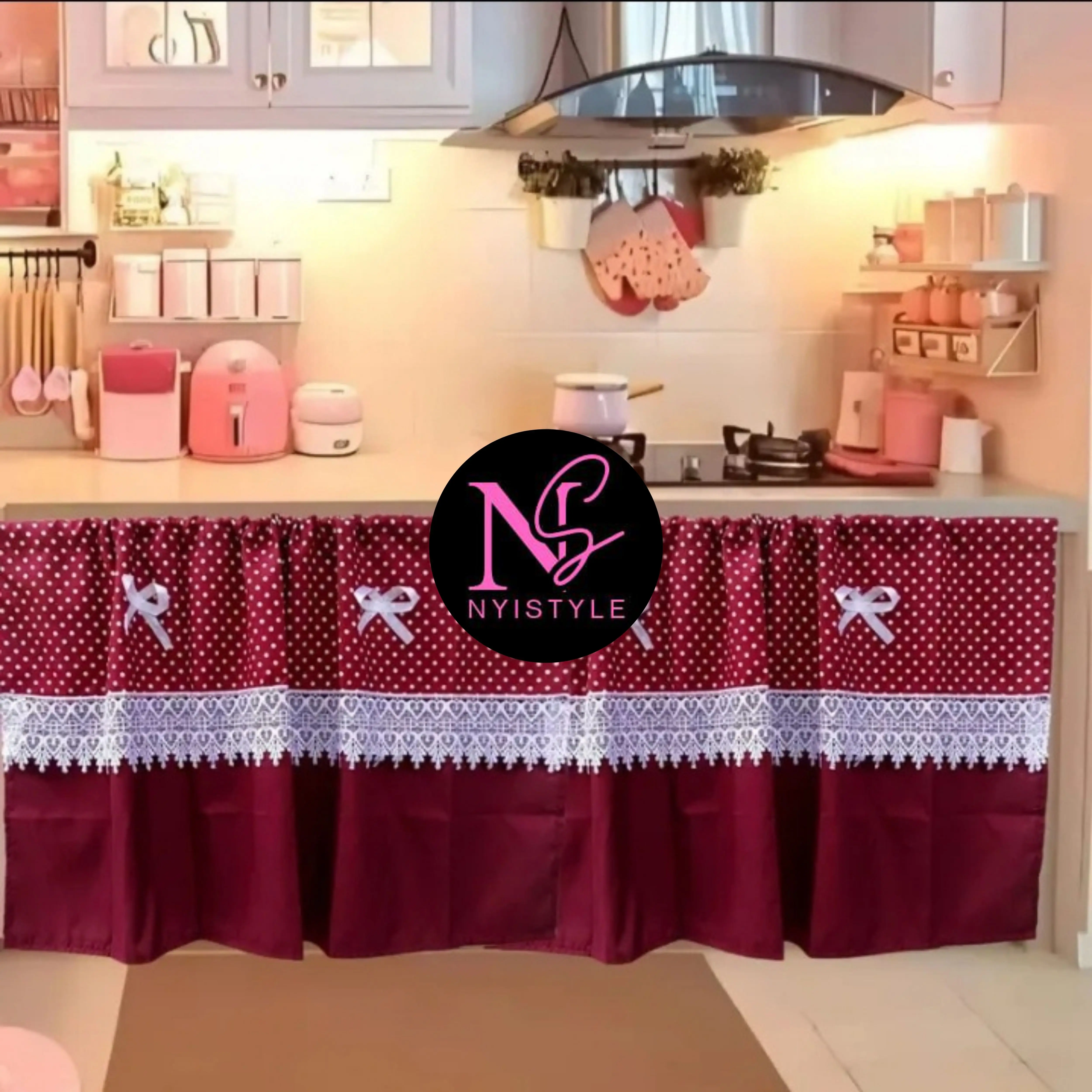 Gorden Kolong Dapur/Gorden Kolong dapur Polka Polos Pita Renda Love,