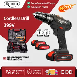 REAIM Mesin Bor Mesin 298V Cordless Screwdriver Listrik Impact Cordless Bor Set Torsi bor  baja mini buat elektrik full