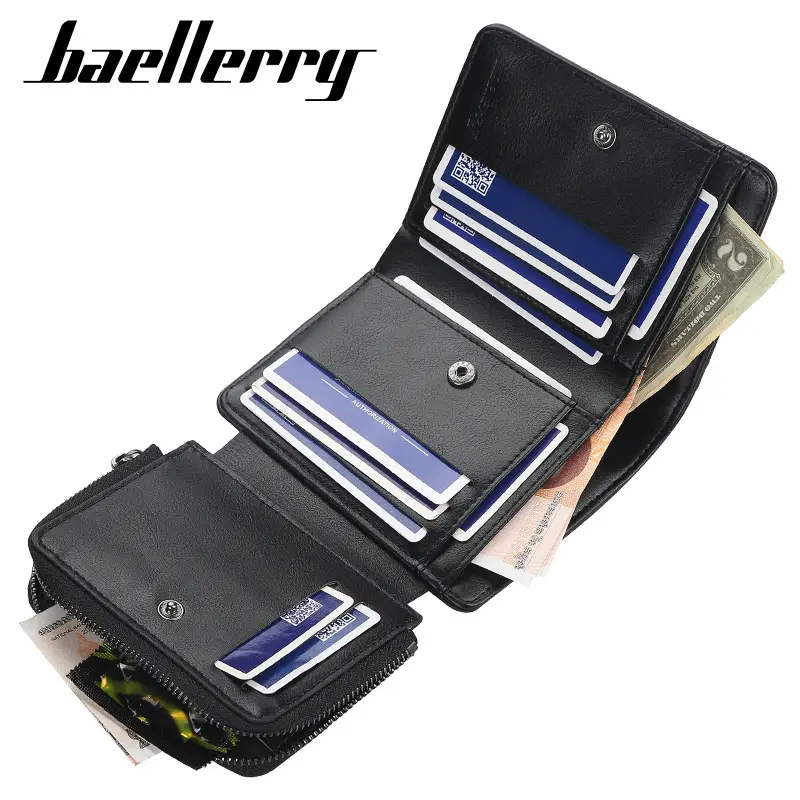 Tri-fold wallet with zipper for men, large capacity wallet, casual wallet, high quality PU leather wallet