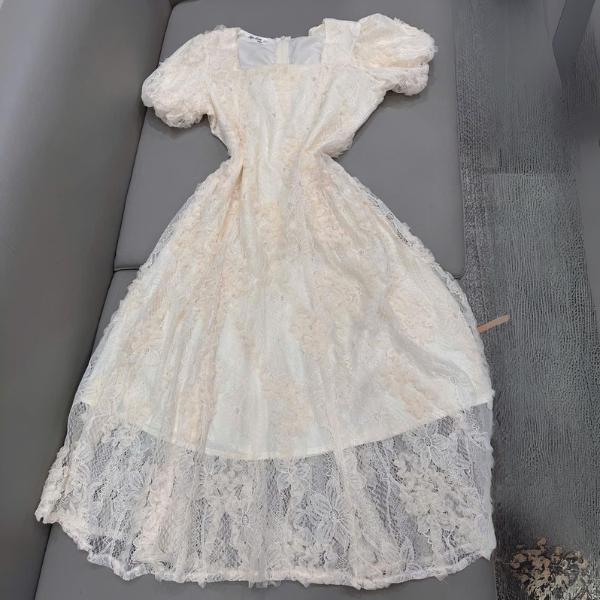  Váy ren thiết kế dự tiệc dáng dài vintage cổ vuông cộc tay hai lớp khóa sau V361 