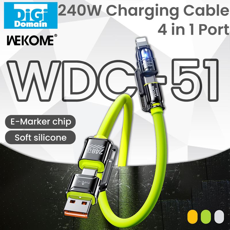 Digi WEKOME 240W 4 trong 1 Cáp sạc dữ liệu siêu nhanh 1,2m USB Type-C to Type-C Lightning Tương thích với iPhone Samsung Xiaomi Hỗ trợ Macbook sạc máy tính xách tay hỗ trợ kết nối có dây Carplay Sạc Điện Thoại Kem Silicon dây sạc trên xe ô tô