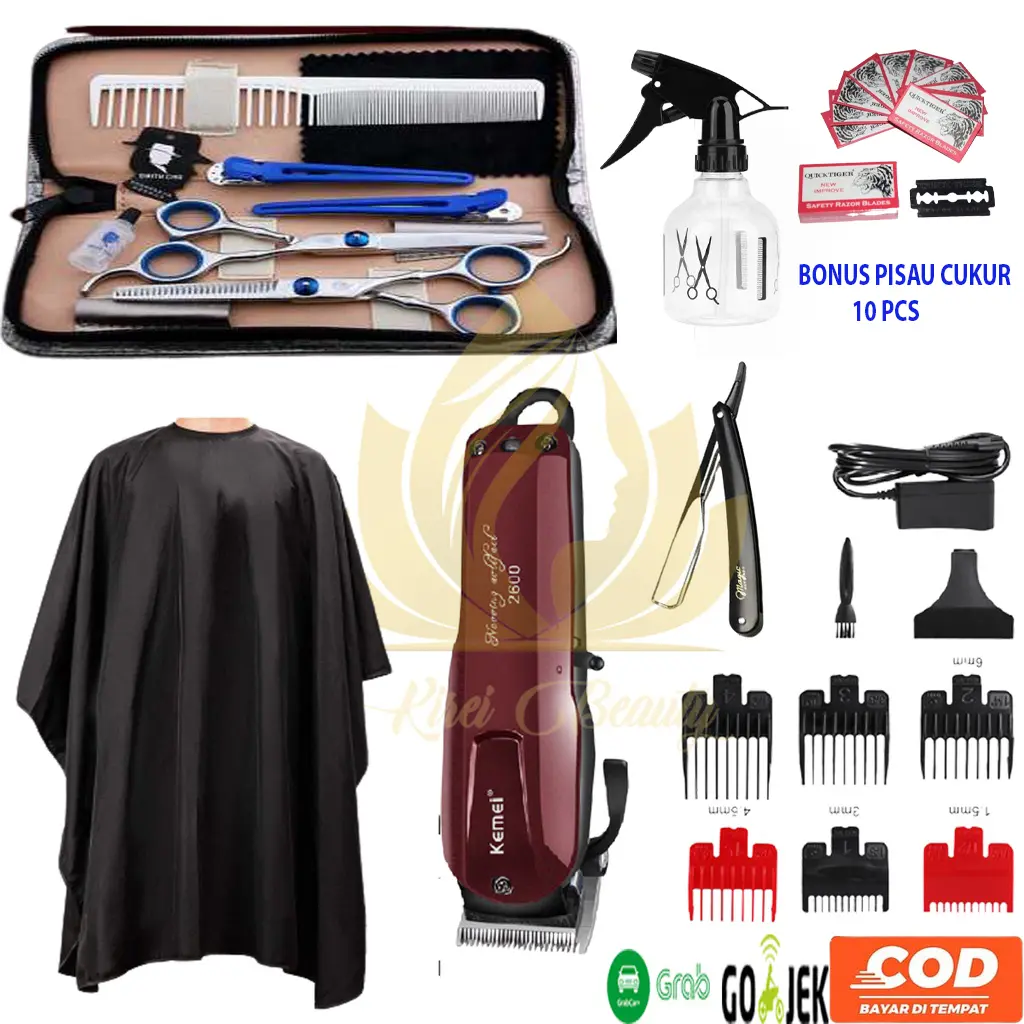 Paket Alat Cukur Rambut Elektrik Kemei 2600 Profesional Barbershop Gunting Rambut Super Lengkap Sisir