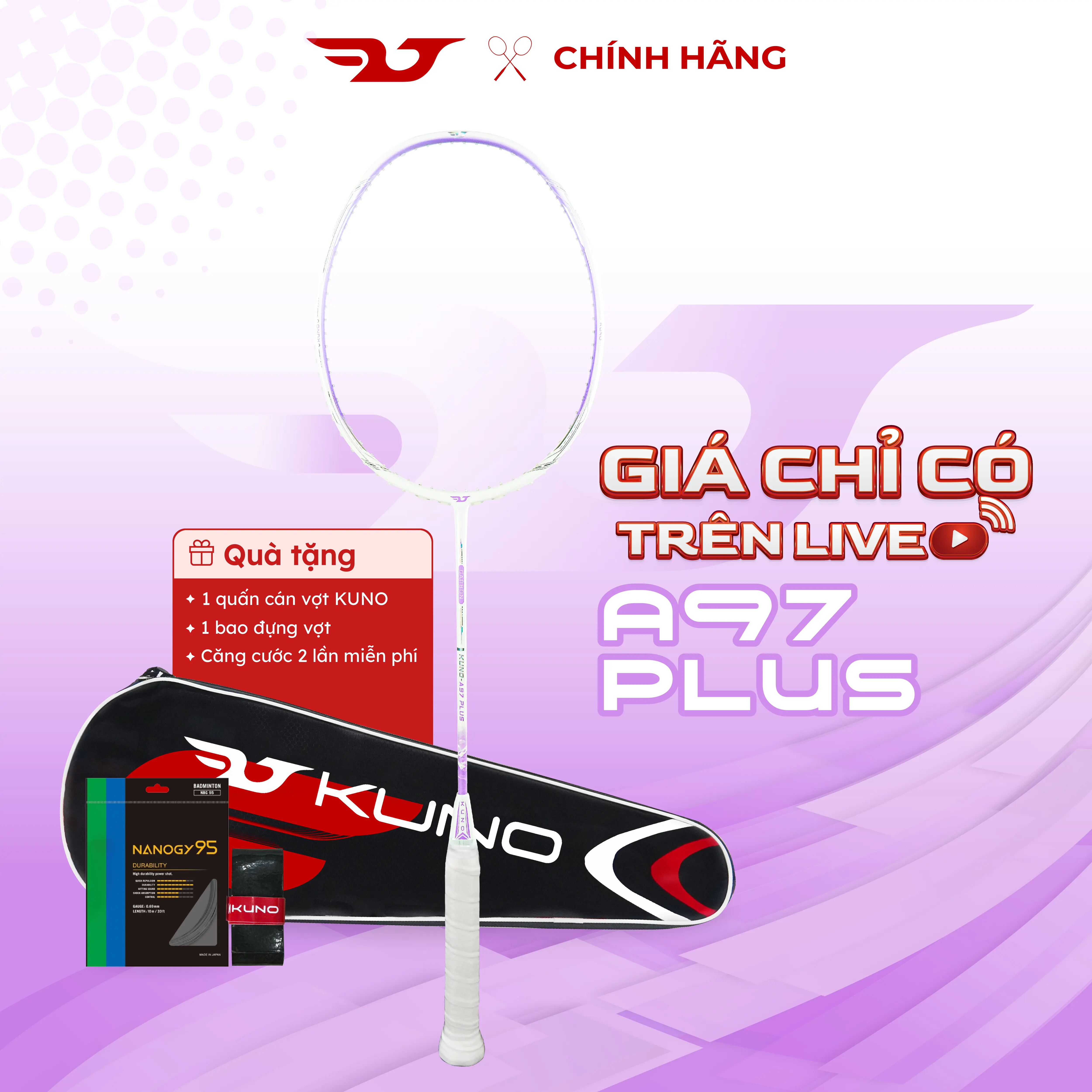 Vợt Cầu Lông KUNO A97 Plus Bản Nâng Cấp, Full Carbon 4U Công Thủ Toàn Diện Căng Sẵn 10.5Kg, Tặng Kèm Cuốn Cán, Túi Đựng Vợt