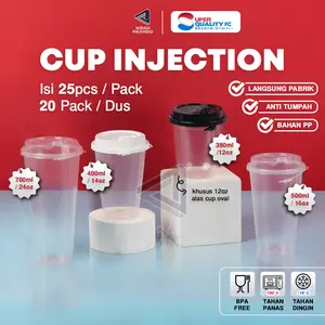 Thinwall Cup Injection Oval 380ml 12oz & 400ml 14oz / 500ml 16oz / 700ml 24oz Datar / Gelas Thinwall / PP Cup Injection Reusable Kuat + Tutup / Gelas Plastik Tebal Isi 25pcs